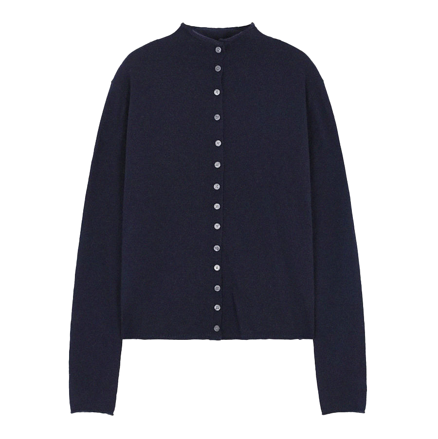 high-neck button-up knit cardigan